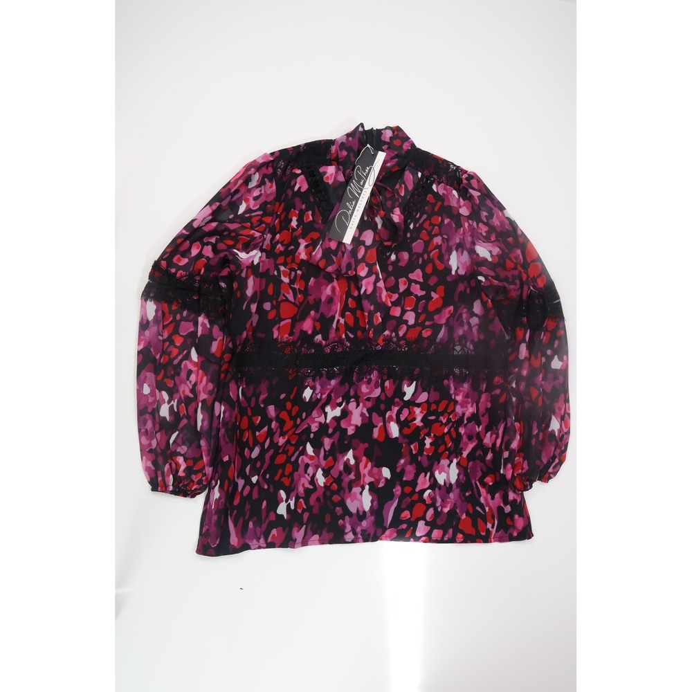 Dalia MacPhee Blouse DMS007 L Pink Multi Abstract Lace Trim High Neck‎ Office